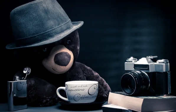 Fantasy, bear, hat, photographer, camera, blue background, coffee, teddy bear