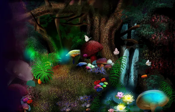 Картинка бабочки, цветы, грибы, flowers, mushrooms, fantasy art, butterflies, magic forest