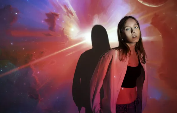 Woman, young, standing, projection, universe-