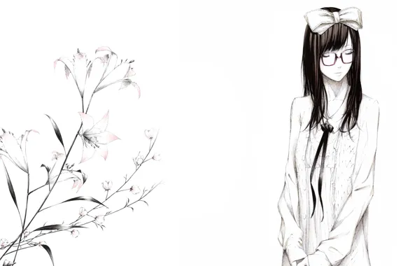 Картинка цветы, рисунок, лилии, Девушка, очки, бант, art, Sawasawa