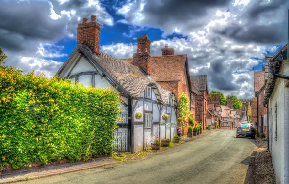 Картинка облака, улица, Англия, дома, обработка, кусты, Little Budworth