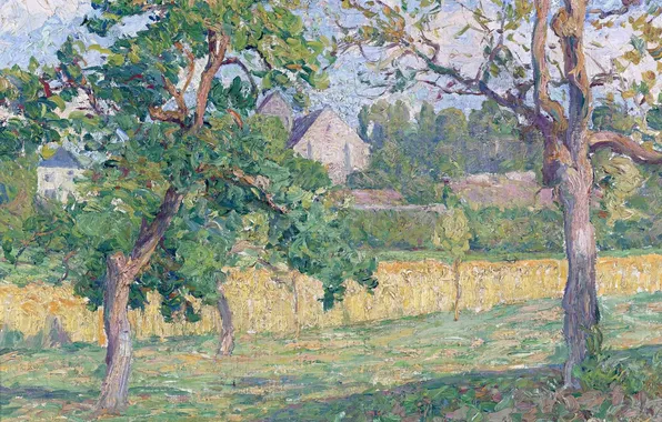 Картинка поле, деревья, дом, картина, Анри Лебаск, Деревенский пейзаж