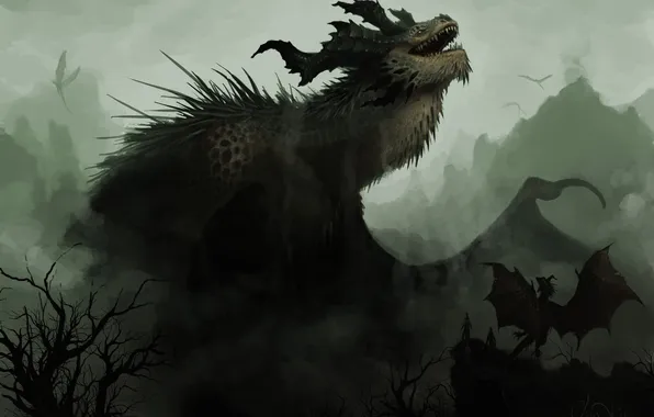 Картинка деревья, горы, туман, драконы, арт, дымка, мрачно