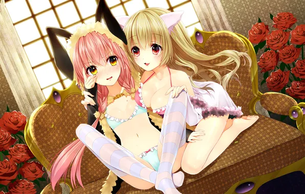 Грудь, цветы, диван, розы, чулки, две девушки, длинные волосы, ecchi
