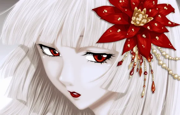 Картинка взгляд, девушка, цветы, длинные волосы