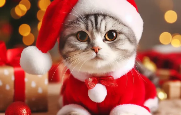 Кошка, взгляд, поза, котенок, Рождество, подарки, милый, Новый год