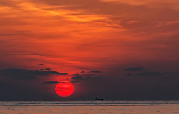Море, закат, корабль, sea, sunset, ship, red sun, солнце красное