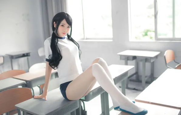 Asian, long hair, legs, twintails, model, school, women, dark hair