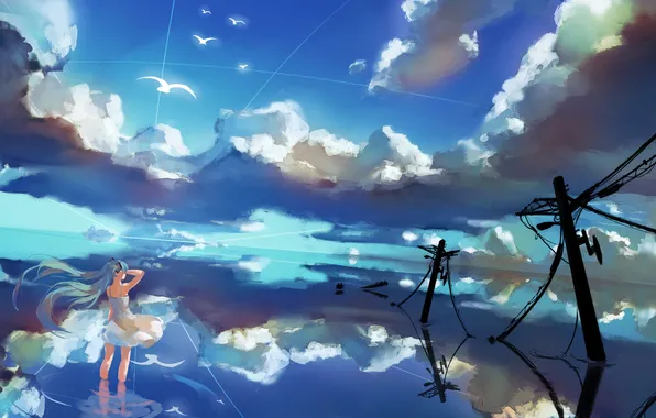 Картинка небо, вода, девушка, облака, птицы, отражение, провода, арт