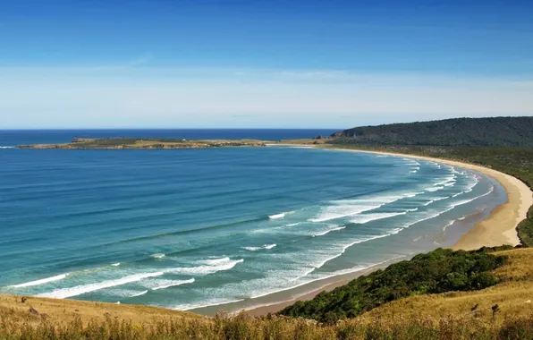 Картинка море, волны, горы, природа, фото, берег, Новая Зеландия, панорама
