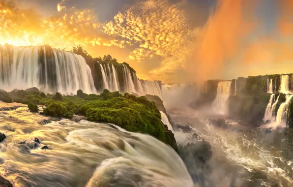 Река, восход, рассвет, панорама, водопады, Бразилия, каскад, Водопады Игуасу
