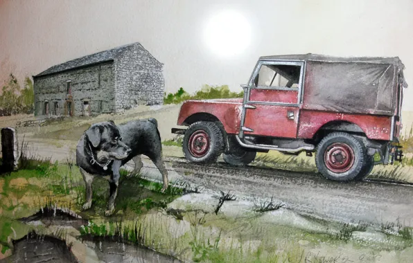 Картинка дорога, машина, рисунок, собака, внедорожник, Land Rover, живопись, Series 1