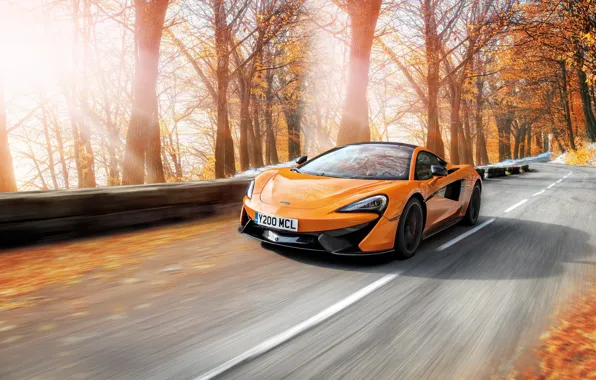 Картинка дорога, осень, деревья, оранжевый, McLaren, скорость, мчит