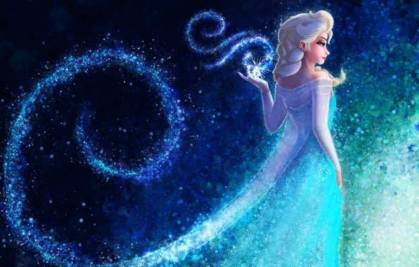 Взгляд, снежинки, мультфильм, платье, арт, белые волосы, Queen Elsa Frozen