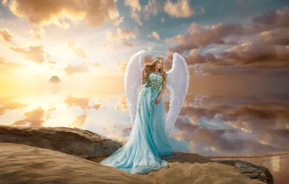 Картинка песок, девушка, облака, поза, стиль, настроение, крылья, ангел