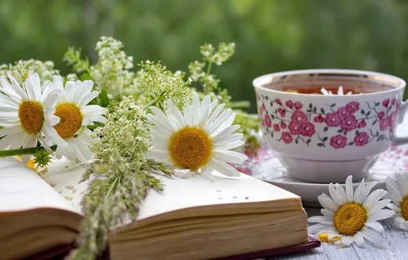 Чай, ромашки, кружка, книга, композиция