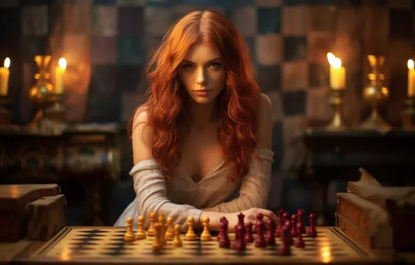 Взгляд, шахматы, платье, рыжая, рыжеволосая, длинные волосы, long hair, redhead