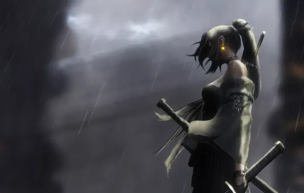 Картинка rain, long hair, ponytail, women, samurai, warrior, standing, bare shoulders