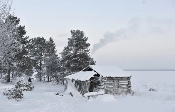 Картинка зима, поле, снег, дом