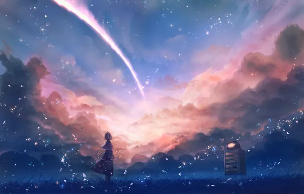Небо, девушка, фэнтези, луг, автомат, падающая звезда, by Sakimori