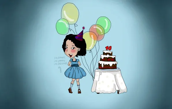 Картинка шарики, день рождения, праздник, голубой, девочка, торт, 10 лет