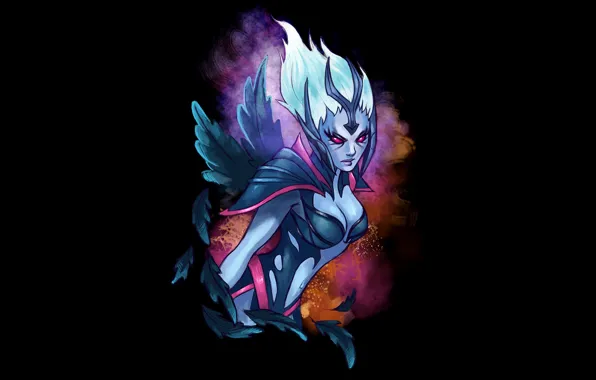 Девушка, крылья, арт, чёрный фон, Dota 2, Vengeful Spirit, Shendelzare, iara-art
