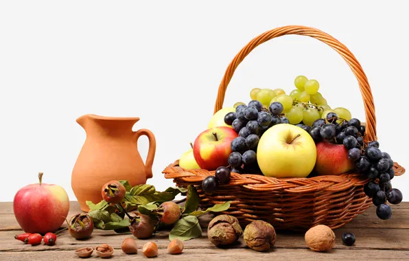 Корзина, яблоки, шиповник, виноград, кувшин, фрукты, орехи