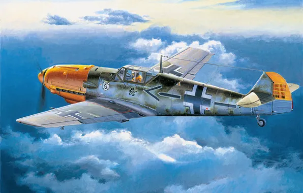 Картинка war, art, painting, aviation, ww2, Messerschmitt Bf-109