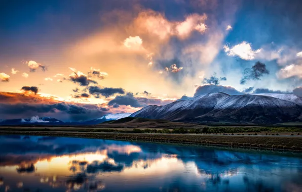 Небо, облака, свет, горы, отражение, New Zealand, South island