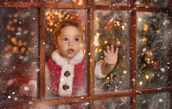 Картинка настроение, праздник, окно, мороз, Новый год, ребёнок, маленький Санта