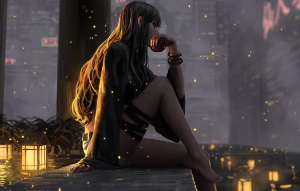 Lights, girl, anime, night, sadness