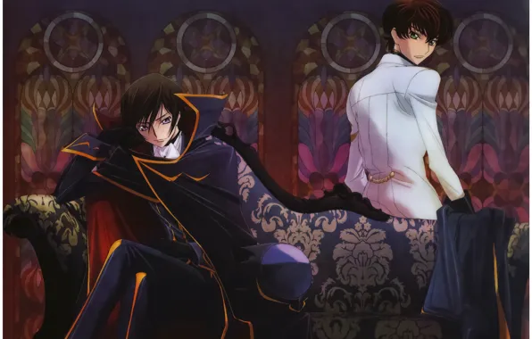 Диван, узор, витраж, парни, плащ, Code Geass, военная форма, Код Гиас