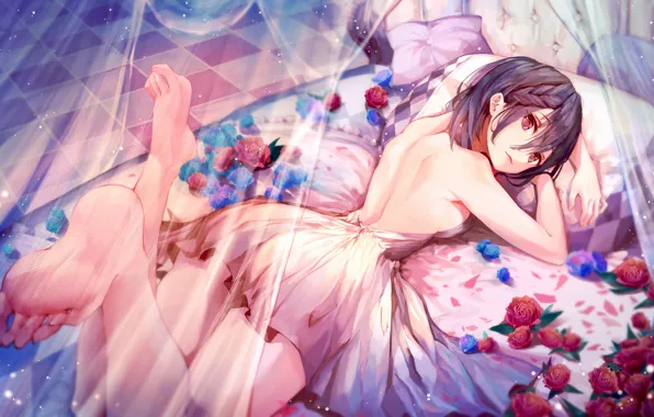 Картинка девушка, цветы, кровать, розы, арт