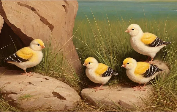 Трава, взгляд, птицы, природа, поза, камни, поляна, живопись