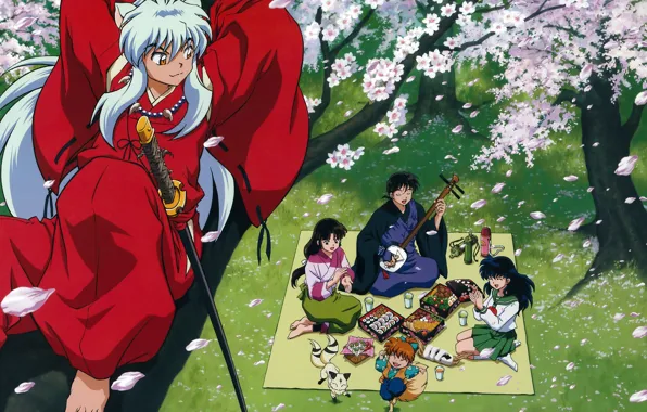 Kirara, Inuyasha, Sango, Shippo, Miroku, Kagome