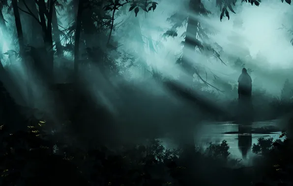 Туман, Деревья, Лес, Лучи, Силуэт, Демон, Fantasy, Ghost