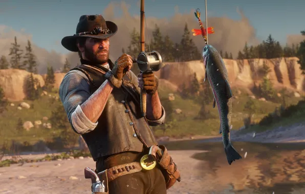 Картинка рыбалка, рыба, шляпа, удочка, Rockstar, Бандит, Red Dead Redemption 2