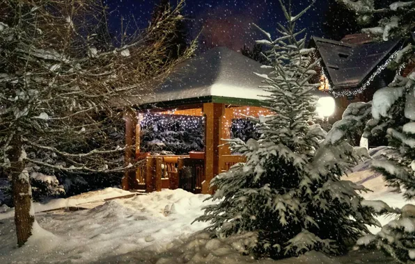 Снег, Лес, Беседка, Snow, Forest, Gazebo, Зимний Пейзаж, Winter Landscape