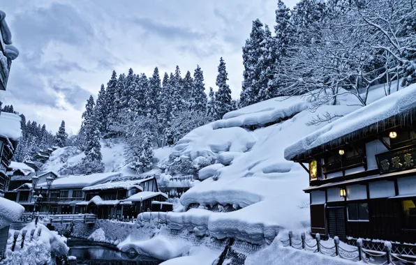 Картинка зима, снег, деревья, пейзаж, дома, Япония, фонари, сугробы