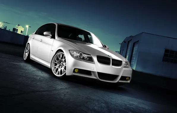 Белый, ночь, bmw, бмв, вечер, автомобиль, седан, 3 series