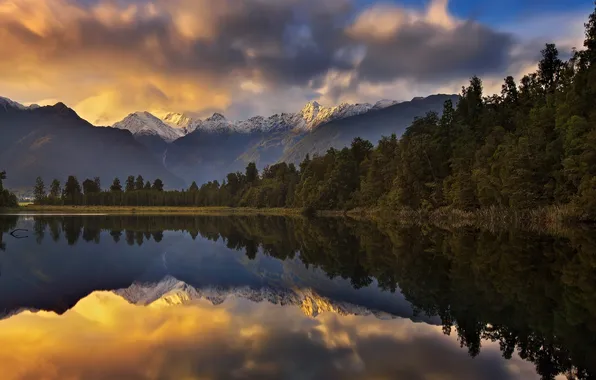 Лес, горы, озеро, Новая Зеландия