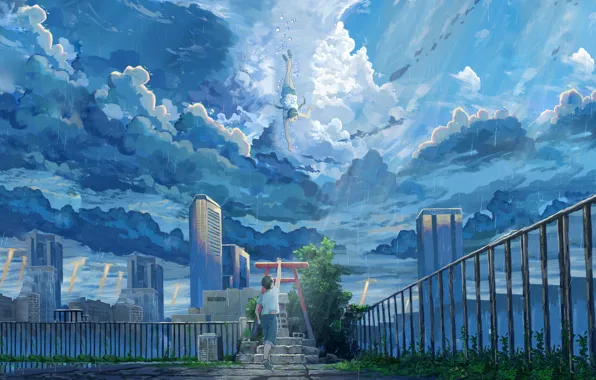 Девушка, облака, город, парень, Hina Amano, Tenki no ko, Hodaka Morishima, Дитя Погоды