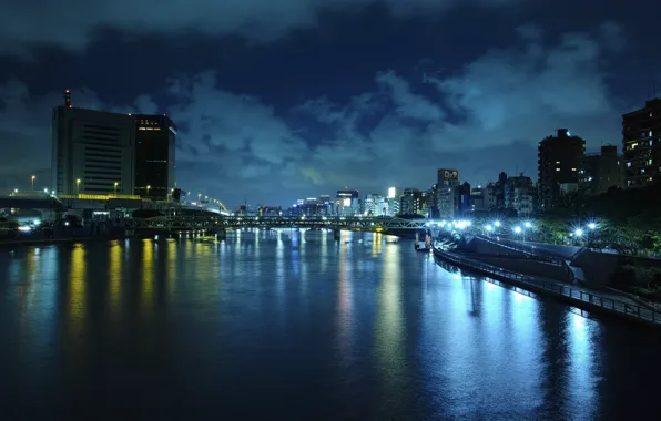 Вода, ночь, мост, город, огни, отражение, река, China