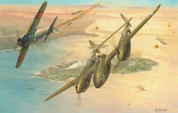 Картинка war, art, painting, aviation, Lockheed P-38 Lightning, ww2, combat, dogfight