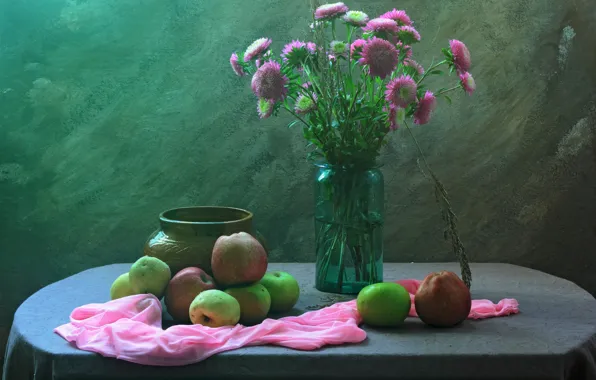 Картинка яблоки, букет, ткань, горшок, фрукты, натюрморт, предметы, композиция