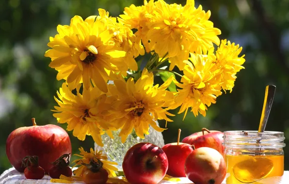 Картинка осень, цветы, праздник, яблоки, мед, натюрморт, спас