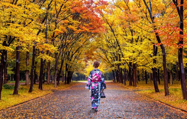 Картинка осень, листья, девушка, деревья, парк, Япония, Japan, кимоно