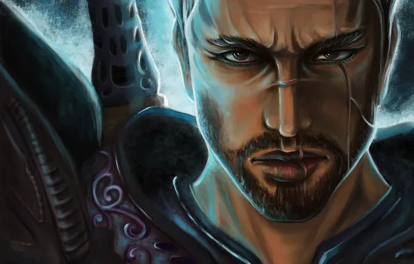 Картинка лицо, меч, воин, арт, мужчина, рукоятка, шрамы, Dragon Age: Origins
