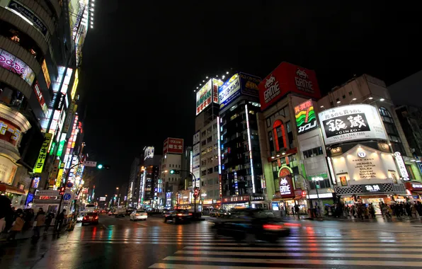 City, lights, Япония, освещение, Токио, road, cars, japan