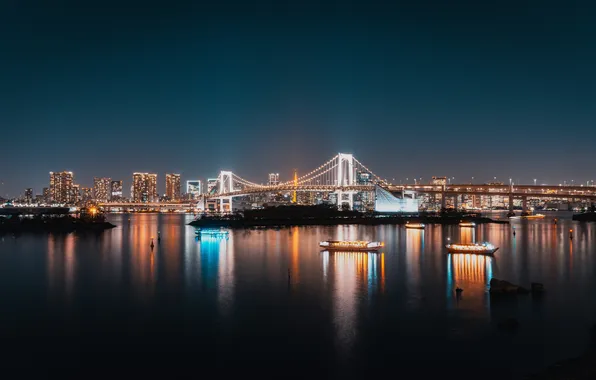 Картинка city, lights, coast, night, Tokio, ships, rainbow bridge